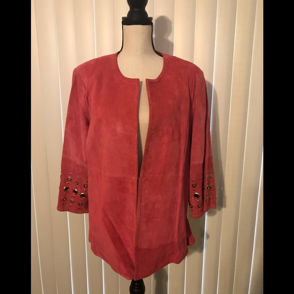 Large pink suede jacket w/watermark on bottom left